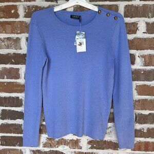 NWT Lauren Ralph Lauren Sweater Sz L Light Blue‎ Ribbed Knit Gold Tone Button